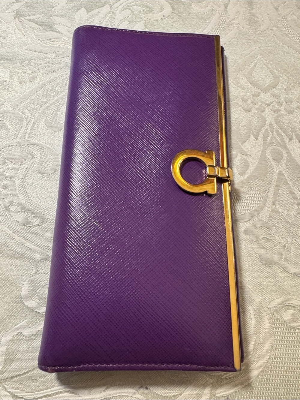 Salvatore Ferragamo purple Saffiano Leather Gancini gold clip long wallet 8x4”